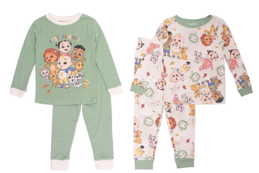 CoComelon Unisex 4-Piece Cotton Pajama Set, JJ and Friends "Best Friends" Graphic Tees and Matching Pants, Sage Green/Cream