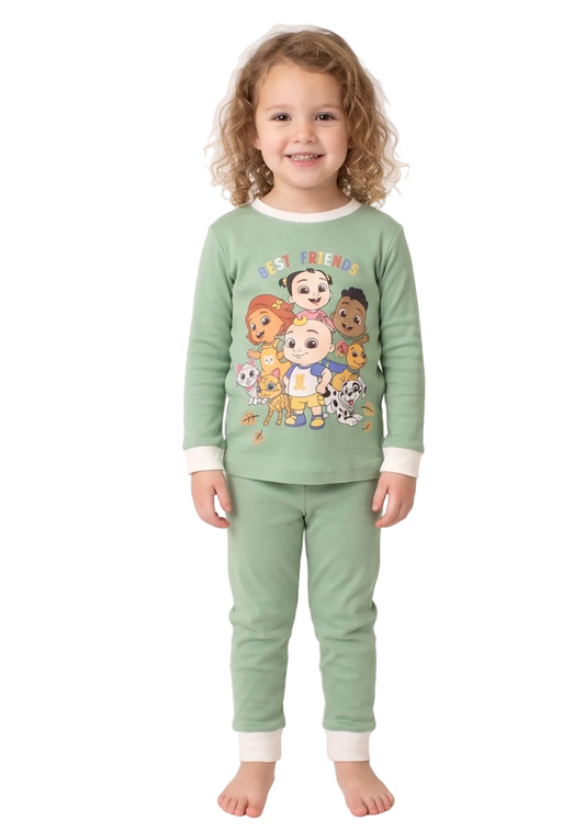 CoComelon Unisex 4-Piece Cotton Pajama Set, JJ and Friends "Best Friends" Graphic Tees and Matching Pants, Sage Green/Cream
