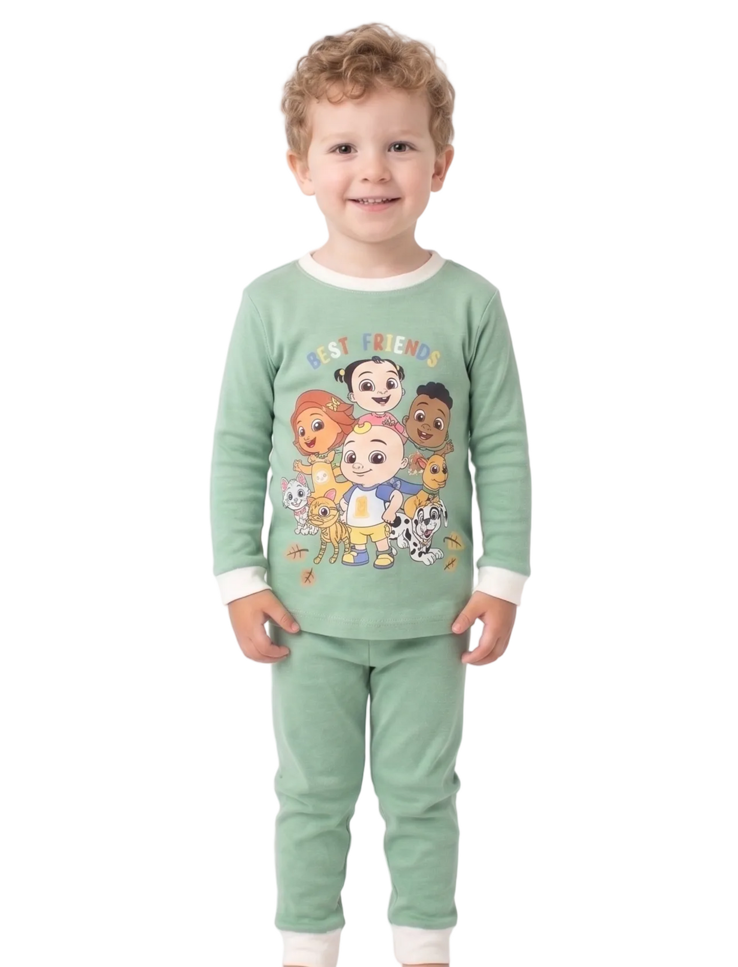 CoComelon Unisex 4-Piece Cotton Pajama Set, JJ and Friends "Best Friends" Graphic Tees and Matching Pants, Sage Green/Cream