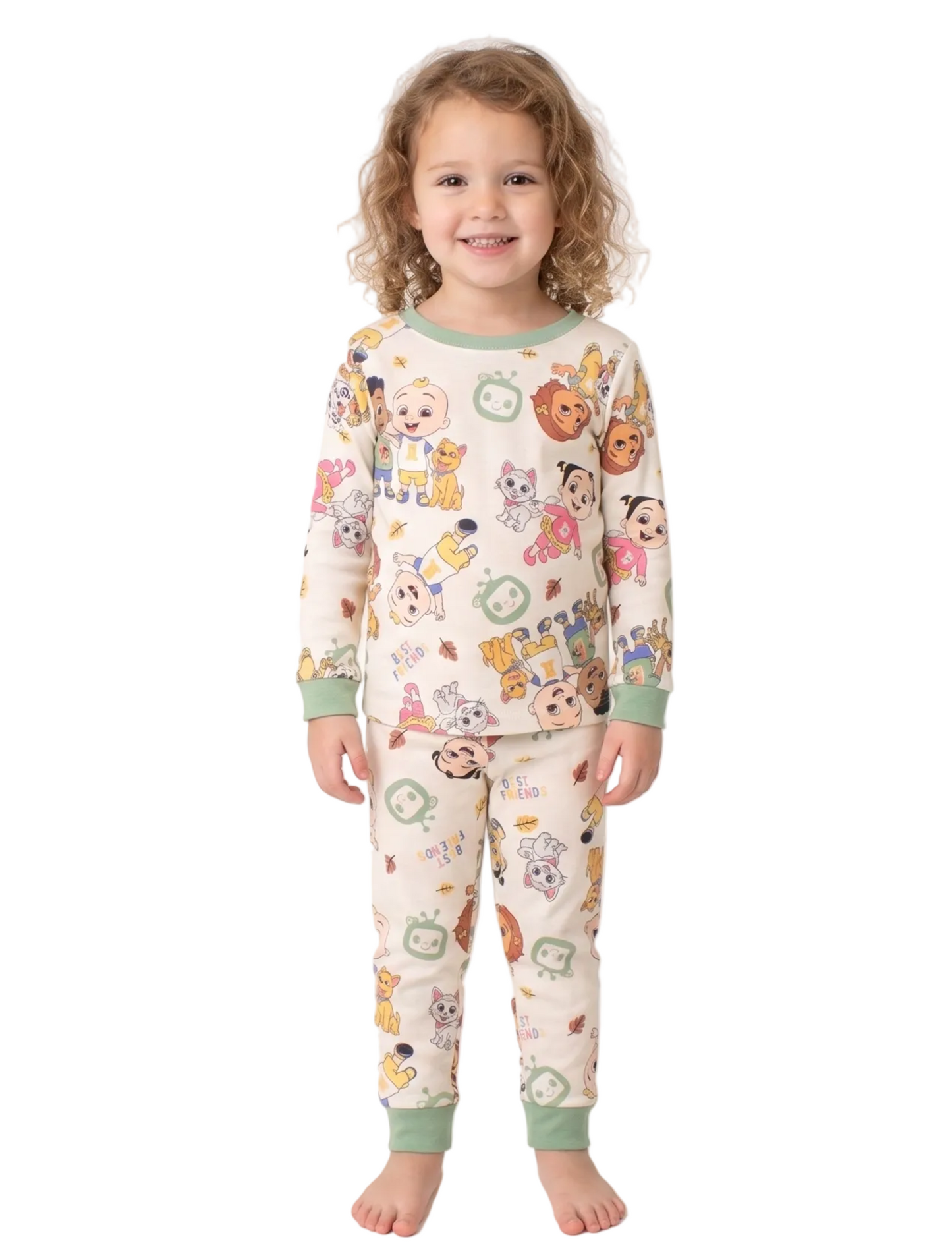 CoComelon Unisex 4-Piece Cotton Pajama Set, JJ and Friends "Best Friends" Graphic Tees and Matching Pants, Sage Green/Cream