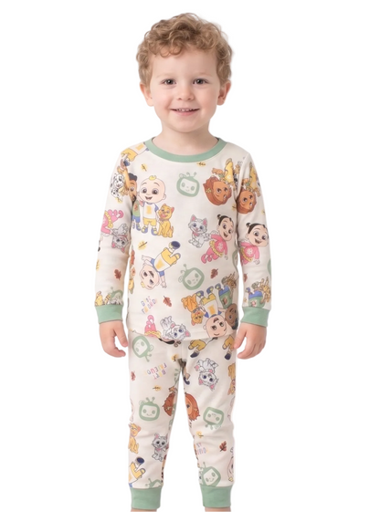 CoComelon Unisex 4-Piece Cotton Pajama Set, JJ and Friends "Best Friends" Graphic Tees and Matching Pants, Sage Green/Cream