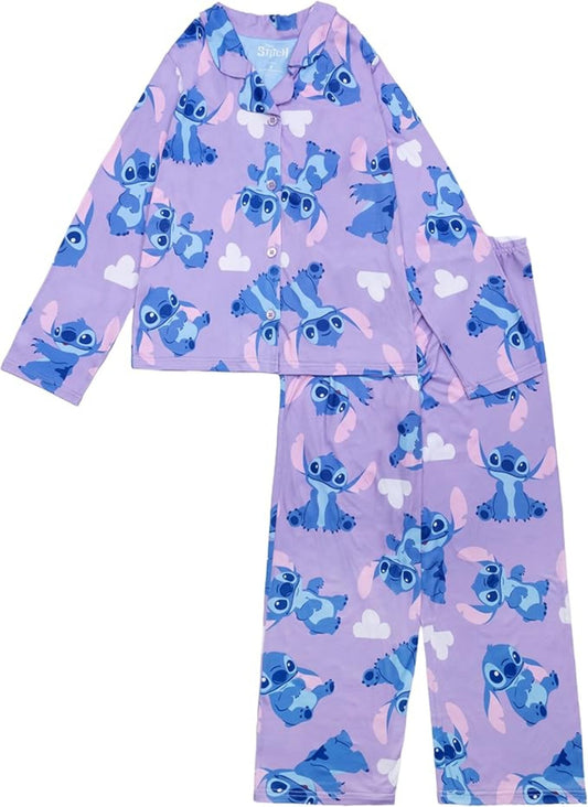 Disney Stitch Girls 2-Piece Button-Down Pajama Set, Long Sleeve Coat Front Shirt and Matching Pants, Lavender Purple