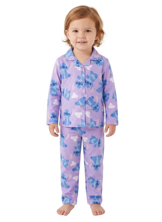 Disney Stitch Girls 2-Piece Button-Down Pajama Set, Long Sleeve Coat Front Shirt and Matching Pants, Lavender Purple