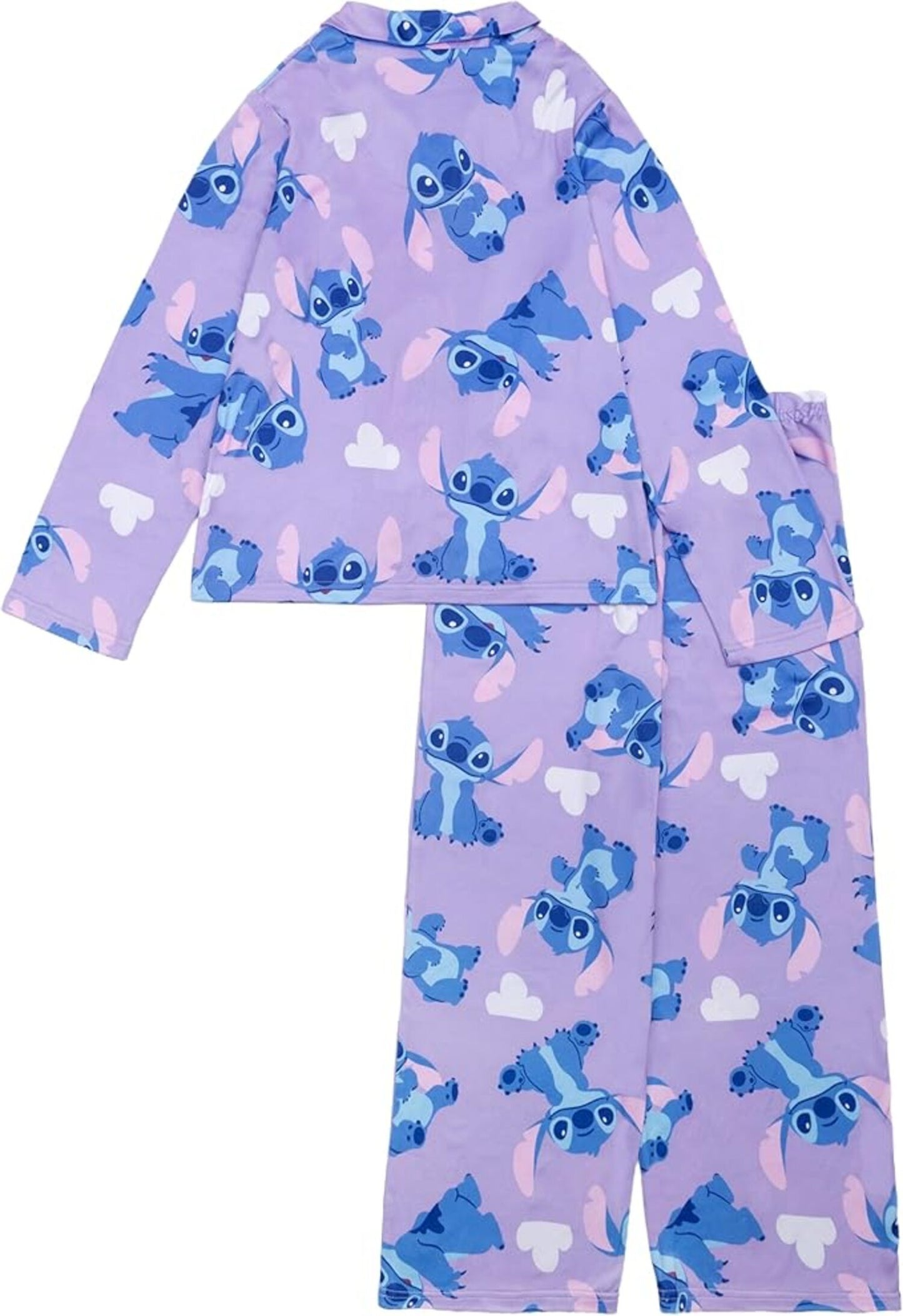 Disney Stitch Girls 2-Piece Button-Down Pajama Set, Long Sleeve Coat Front Shirt and Matching Pants, Lavender Purple