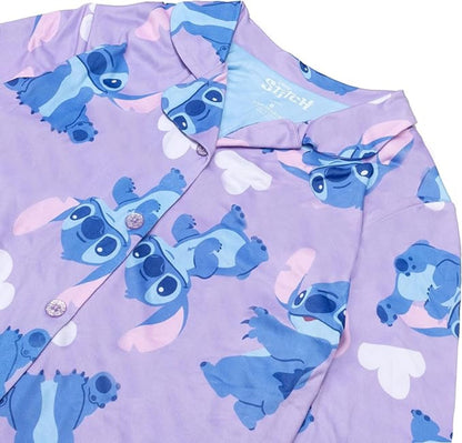 Disney Stitch Girls 2-Piece Button-Down Pajama Set, Long Sleeve Coat Front Shirt and Matching Pants, Lavender Purple