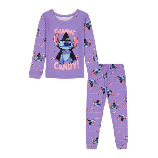 Disney Stitch Halloween Girls 2-Piece Cotton Pajama Set, Long Sleeve "Gimme Candy" Witch Stitch Graphic and Striped Pants, Purple