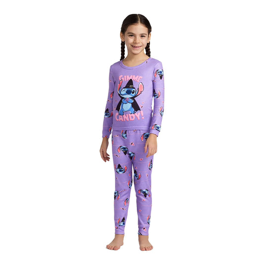 Disney Stitch Halloween Girls 2-Piece Cotton Pajama Set, Long Sleeve "Gimme Candy" Witch Stitch Graphic and Striped Pants, Purple