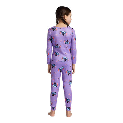 Disney Stitch Halloween Girls 2-Piece Cotton Pajama Set, Long Sleeve "Gimme Candy" Witch Stitch Graphic and Striped Pants, Purple