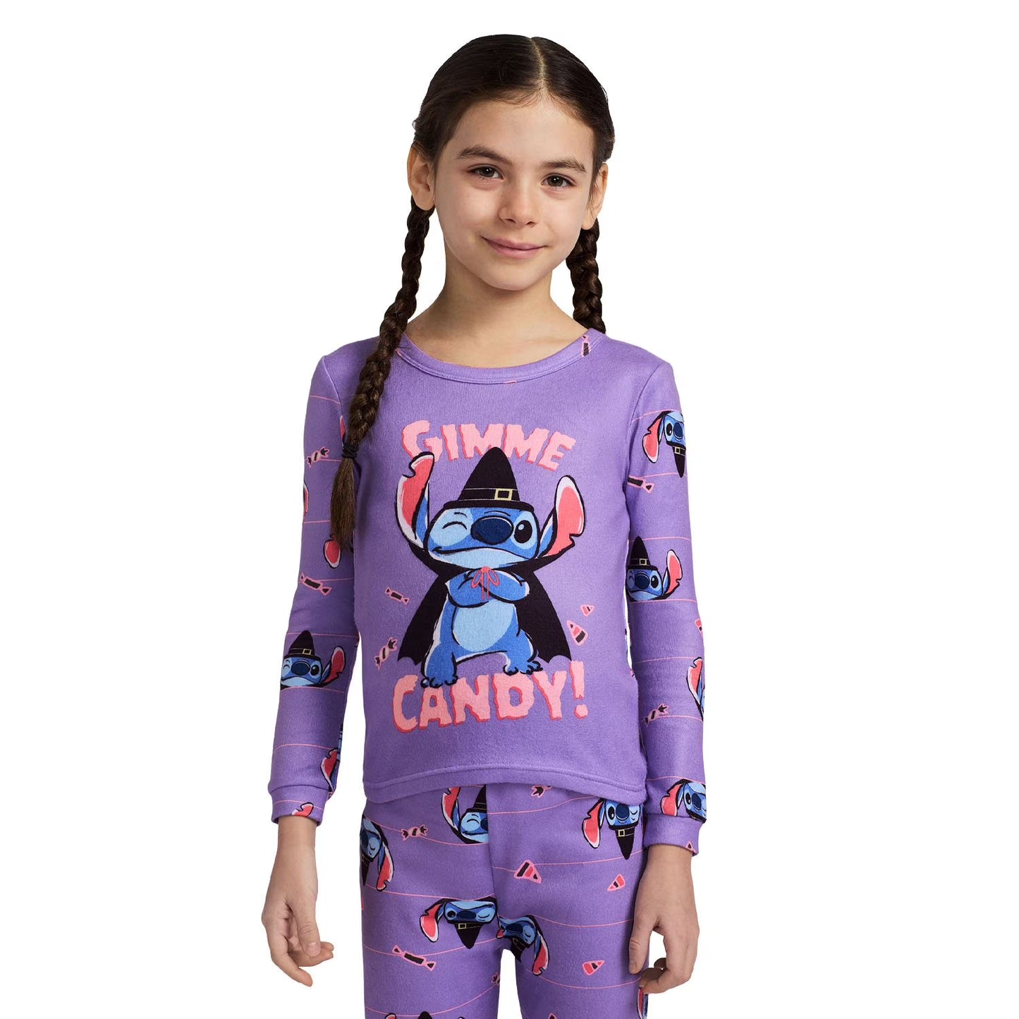 Disney Stitch Halloween Girls 2-Piece Cotton Pajama Set, Long Sleeve "Gimme Candy" Witch Stitch Graphic and Striped Pants, Purple
