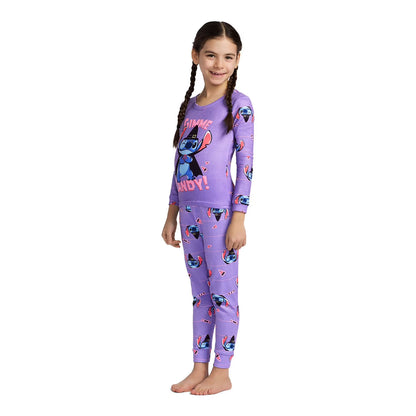 Disney Stitch Halloween Girls 2-Piece Cotton Pajama Set, Long Sleeve "Gimme Candy" Witch Stitch Graphic and Striped Pants, Purple