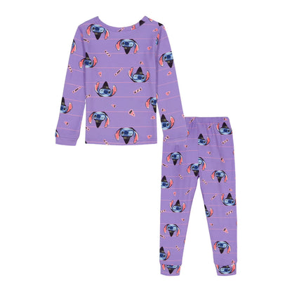 Disney Stitch Halloween Girls 2-Piece Cotton Pajama Set, Long Sleeve "Gimme Candy" Witch Stitch Graphic and Striped Pants, Purple