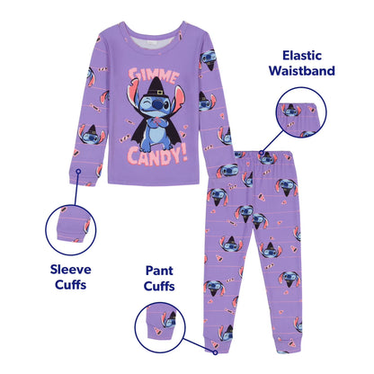 Disney Stitch Halloween Girls 2-Piece Cotton Pajama Set, Long Sleeve "Gimme Candy" Witch Stitch Graphic and Striped Pants, Purple