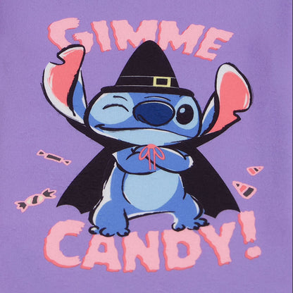 Disney Stitch Halloween Girls 2-Piece Cotton Pajama Set, Long Sleeve "Gimme Candy" Witch Stitch Graphic and Striped Pants, Purple