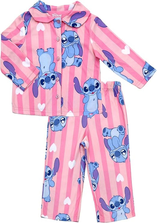 Disney Stitch Girls 2-Piece Button-Down Pajama Set, Long Sleeve Pink Striped Coat Front Shirt and Pants, Pink/Blue