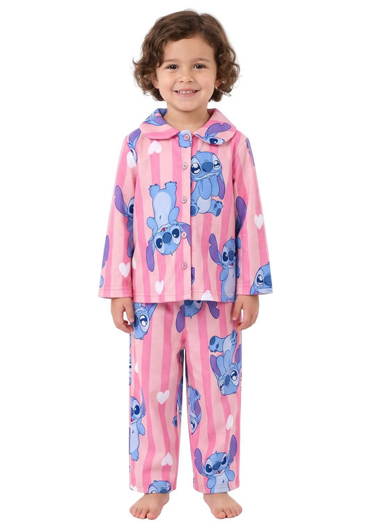 Disney Stitch Girls 2-Piece Button-Down Pajama Set, Long Sleeve Pink Striped Coat Front Shirt and Pants, Pink/Blue