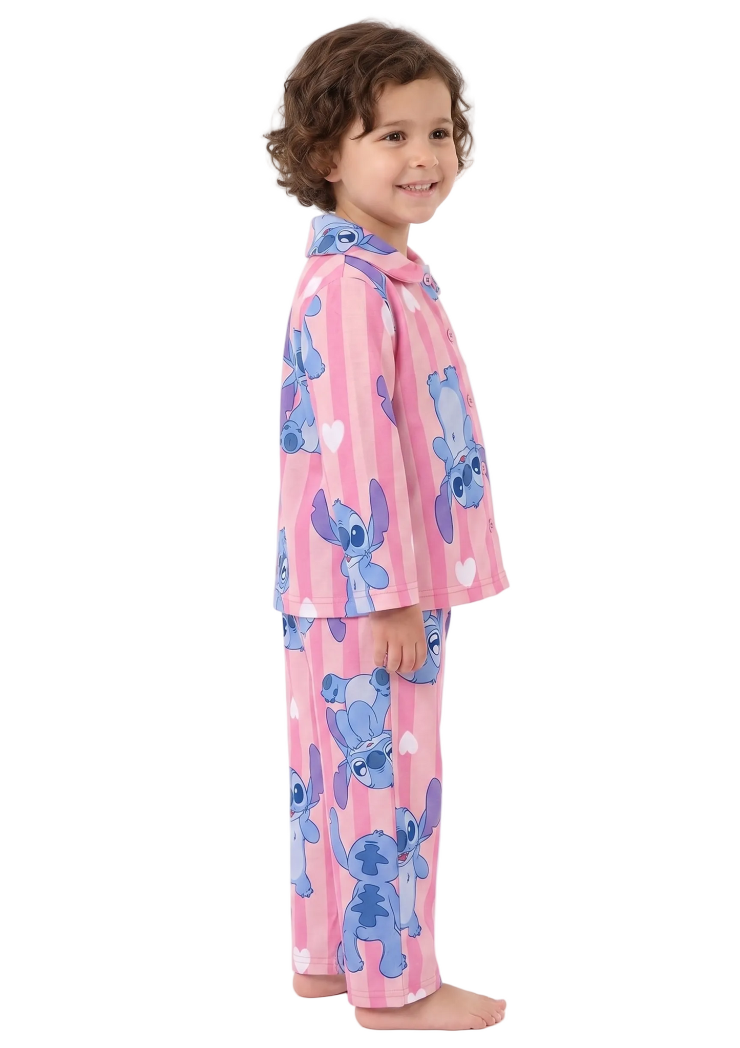 Disney Stitch Girls 2-Piece Button-Down Pajama Set, Long Sleeve Pink Striped Coat Front Shirt and Pants, Pink/Blue