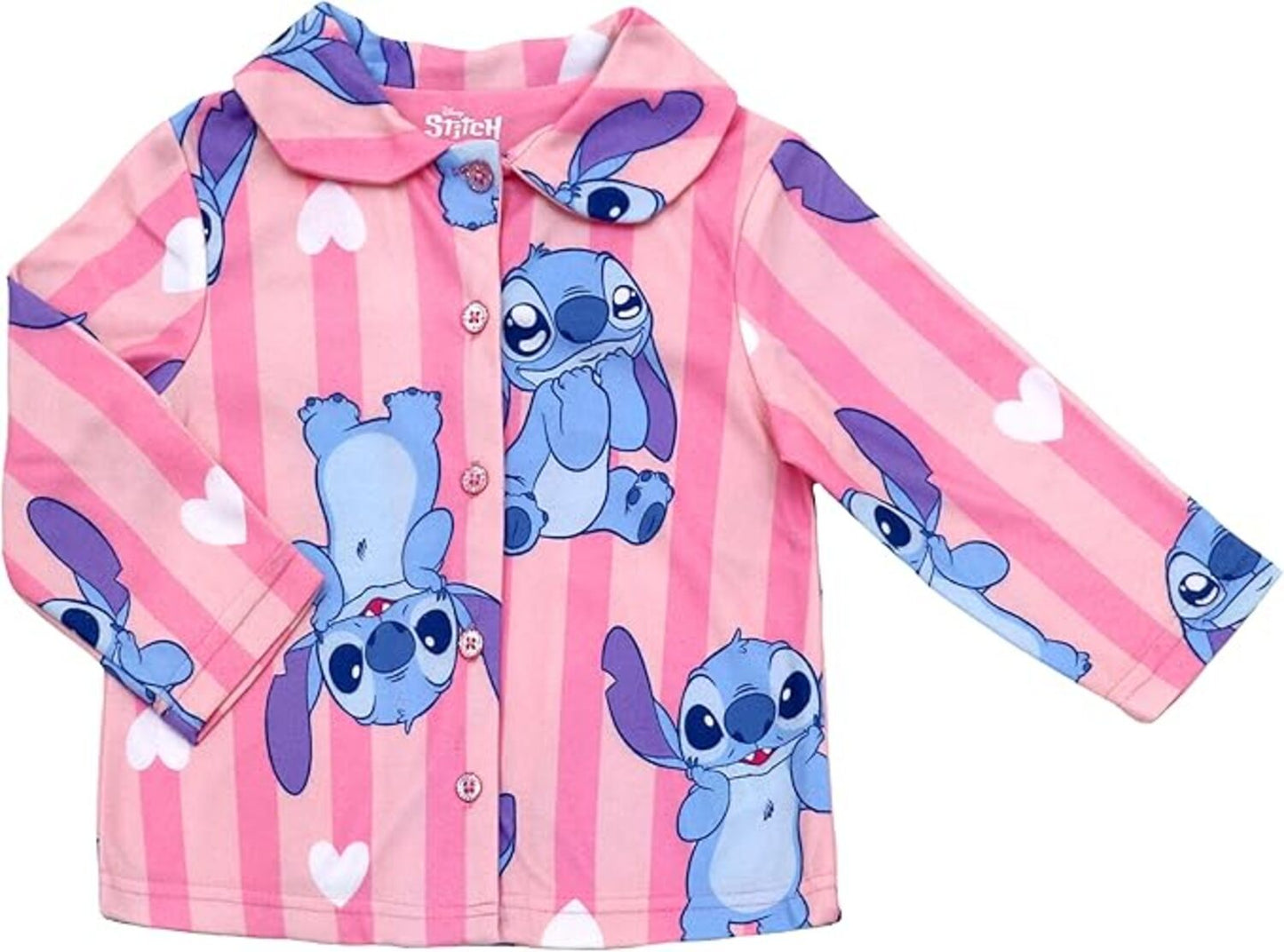 Disney Stitch Girls 2-Piece Button-Down Pajama Set, Long Sleeve Pink Striped Coat Front Shirt and Pants, Pink/Blue