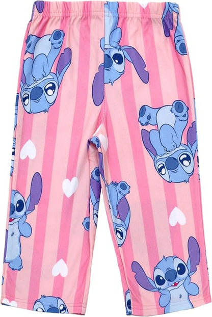 Disney Stitch Girls 2-Piece Button-Down Pajama Set, Long Sleeve Pink Striped Coat Front Shirt and Pants, Pink/Blue