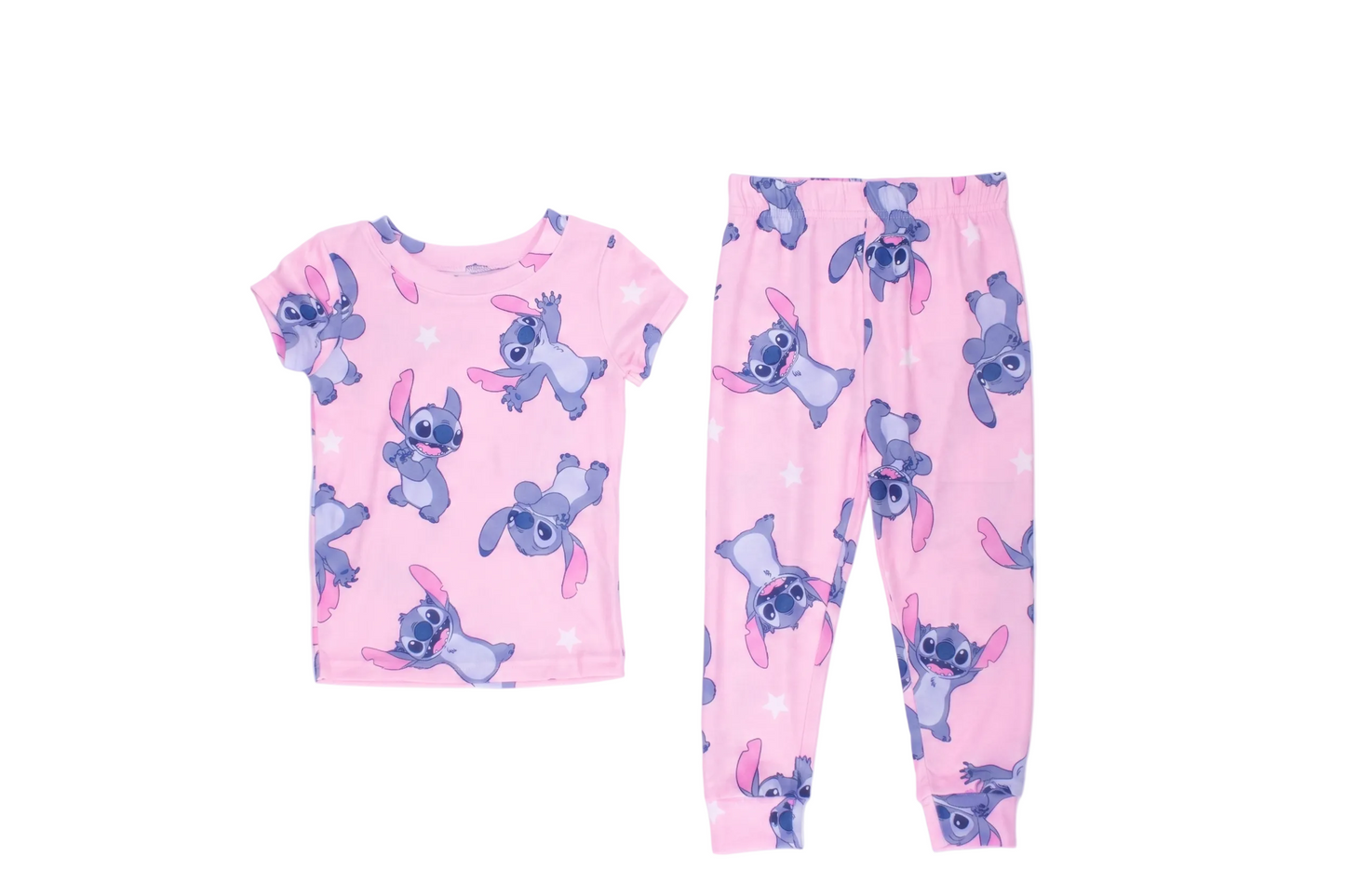 Disney Lilo & Stitch Girls 2-Piece Pajama Set, Short Sleeve All-Over Print Stitch and Stars Graphic Tee and Matching Pants, Pink