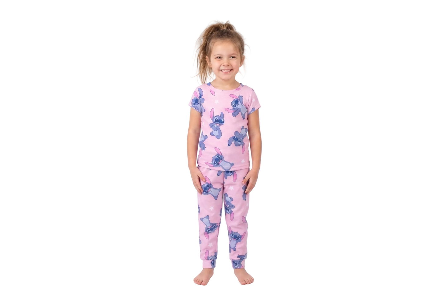 Disney Lilo & Stitch Girls 2-Piece Pajama Set, Short Sleeve All-Over Print Stitch and Stars Graphic Tee and Matching Pants, Pink