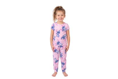 Disney Lilo & Stitch Girls 2-Piece Pajama Set, Short Sleeve All-Over Print Stitch and Stars Graphic Tee and Matching Pants, Pink