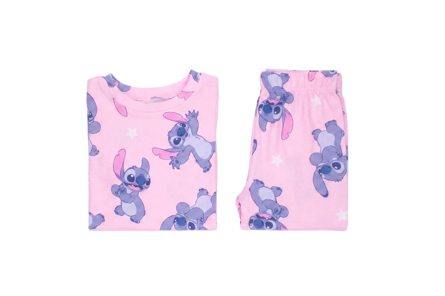 Disney Lilo & Stitch Girls 2-Piece Pajama Set, Short Sleeve All-Over Print Stitch and Stars Graphic Tee and Matching Pants, Pink