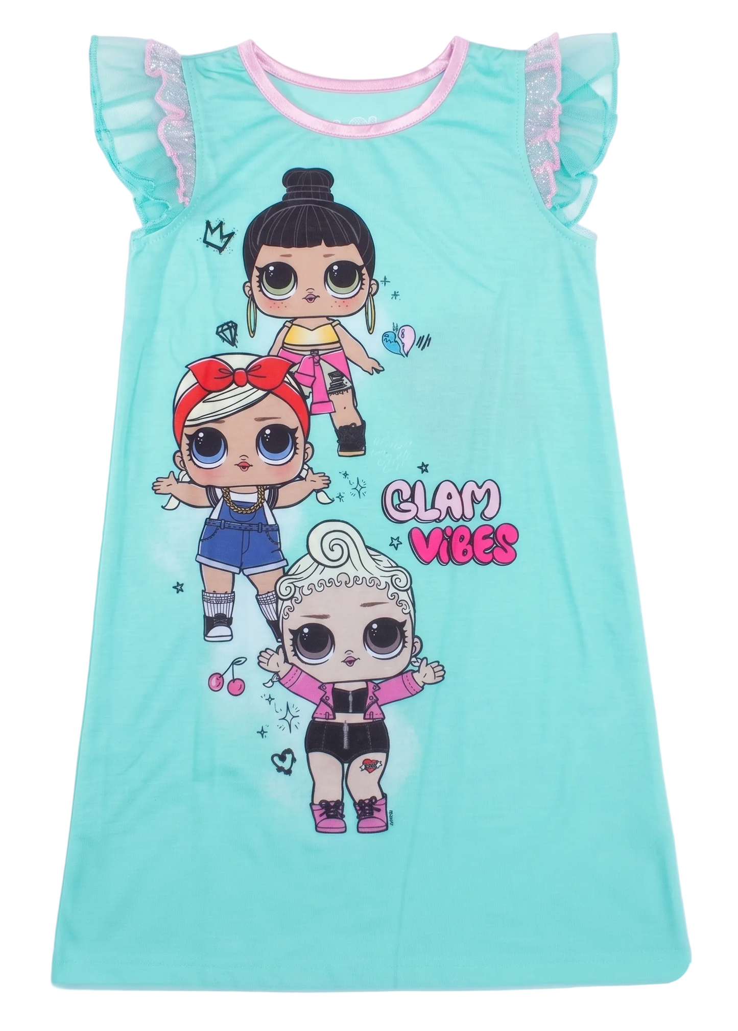 L.O.L. Surprise! Girls Nightgown, Flutter Sleeve "Glam Vibes" Sleep Dress, Mint Green/Pink