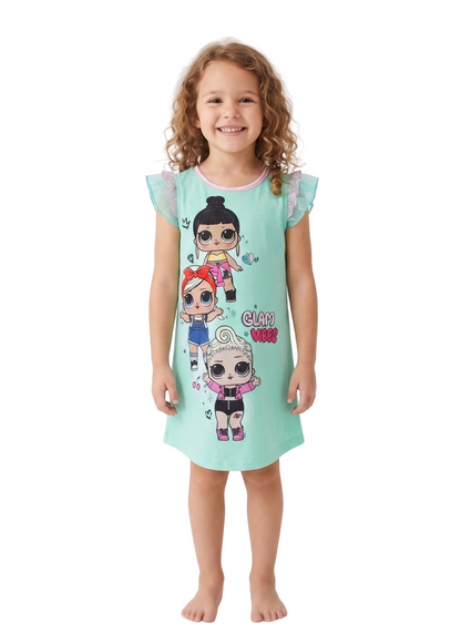 L.O.L. Surprise! Girls Nightgown, Flutter Sleeve "Glam Vibes" Sleep Dress, Mint Green/Pink