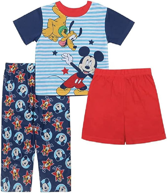 Disney Mickey Mouse Boys 3 Piece Pajama Set - Short Sleeve Shirt, Pants and Shorts