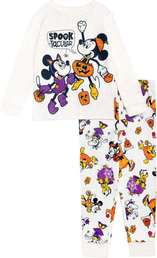 Disney Mickey and Friends Halloween Unisex 2-Piece Cotton Pajama Set, Long Sleeve "Spook-tacular" Graphic Top and Pants, White
