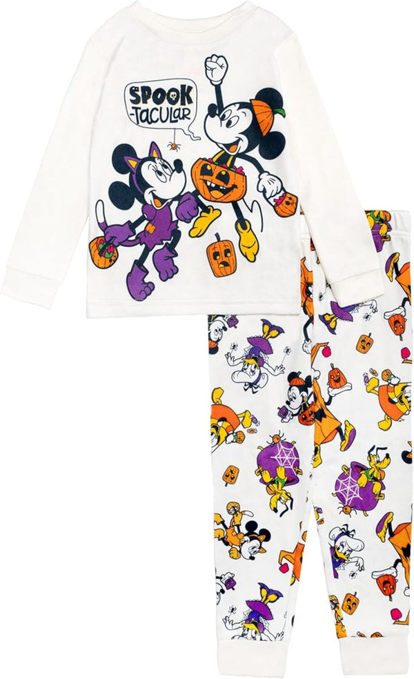 Disney Mickey and Friends Halloween Unisex 2-Piece Cotton Pajama Set, Long Sleeve "Spook-tacular" Graphic Top and Pants, White