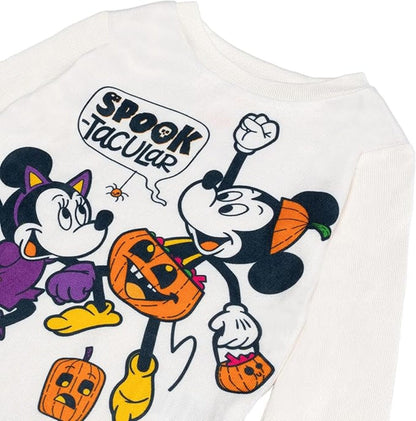 Disney Mickey and Friends Halloween Unisex 2-Piece Cotton Pajama Set, Long Sleeve "Spook-tacular" Graphic Top and Pants, White
