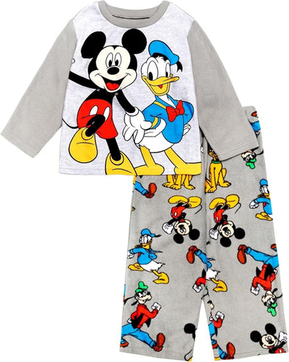Disney Mickey and Friends Boys 2-Piece Fleece Pajama Set, Long Sleeve Mickey and Donald Graphic Raglan Top and Pants, Gray