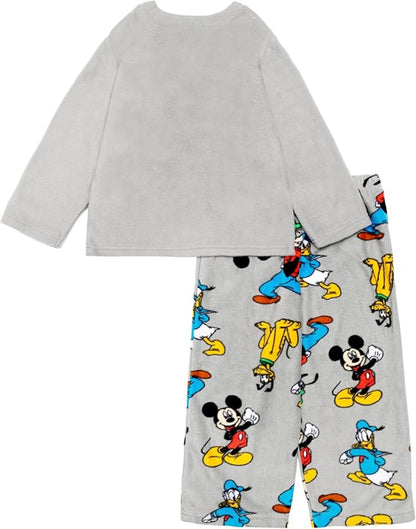 Disney Mickey and Friends Boys 2-Piece Fleece Pajama Set, Long Sleeve Mickey and Donald Graphic Raglan Top and Pants, Gray