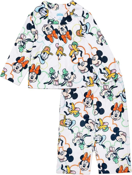 Disney Mickey Mouse Toddler Unisex 2-Piece Button-Down Pajama Set, Short Sleeve Coat Front Shirt and Matching Pants