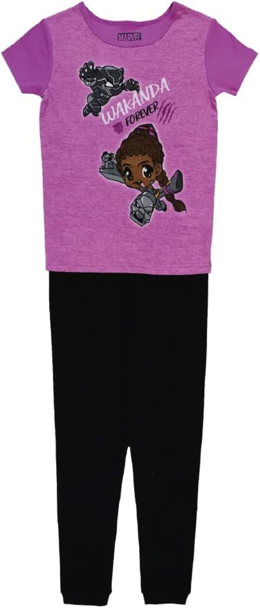 Marvel Black Panther Wakanda Forever Girls 2-Piece Pajama Set, Shuri and Black Panther Graphic Tee and Jogger Pants, Purple and Black