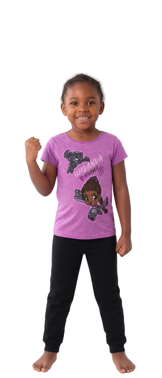 Marvel Black Panther Wakanda Forever Girls 2-Piece Pajama Set, Shuri and Black Panther Graphic Tee and Jogger Pants, Purple and Black