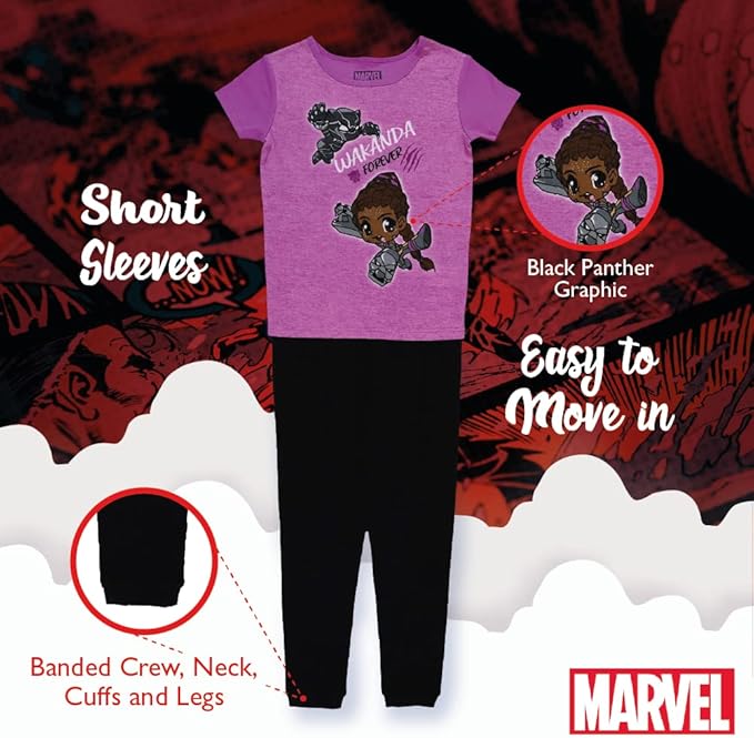 Marvel Black Panther Wakanda Forever Girls 2-Piece Pajama Set, Shuri and Black Panther Graphic Tee and Jogger Pants, Purple and Black
