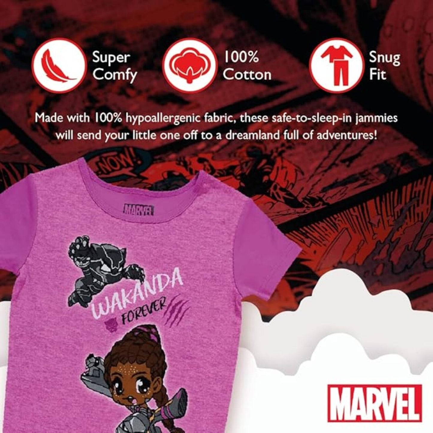 Marvel Black Panther Wakanda Forever Girls 2-Piece Pajama Set, Shuri and Black Panther Graphic Tee and Jogger Pants, Purple and Black