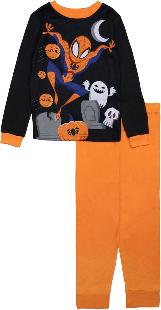 Marvel Spider-Man Halloween Boys 2-Piece Cotton Pajama Set, Long Sleeve Spidey and Ghost Graphic Top and Orange Pants