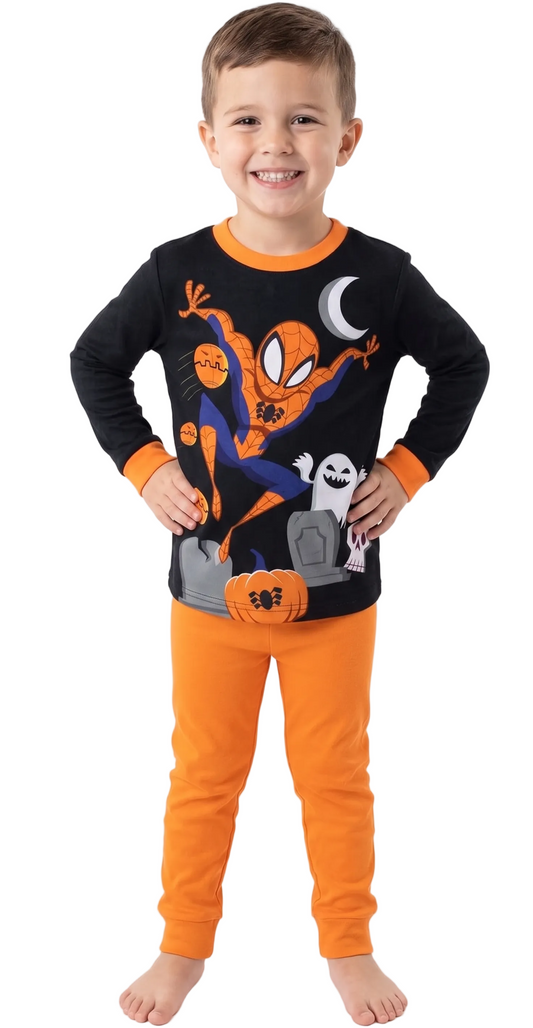 Marvel Spider-Man Halloween Boys 2-Piece Cotton Pajama Set, Long Sleeve Spidey and Ghost Graphic Top and Orange Pants