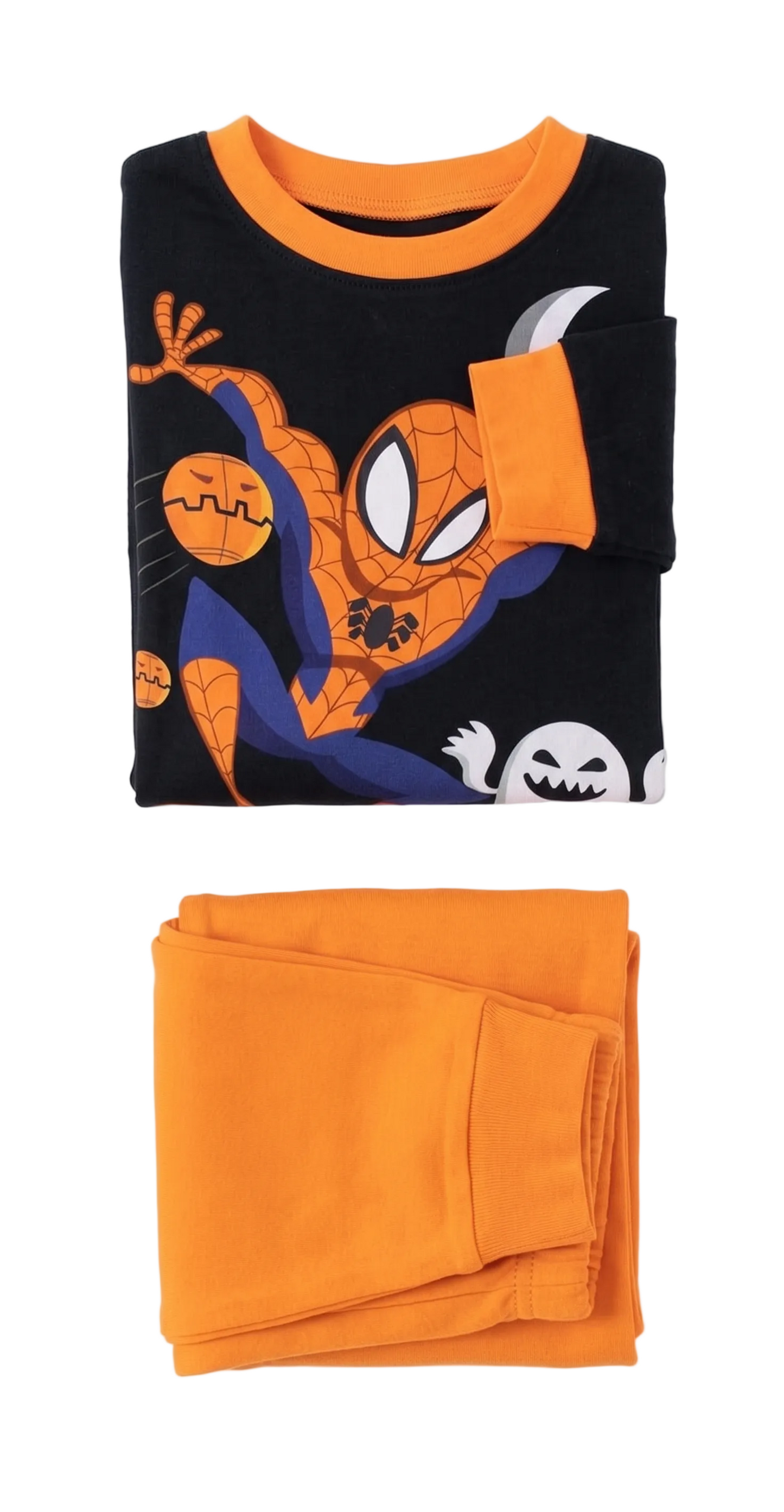 Marvel Spider-Man Halloween Boys 2-Piece Cotton Pajama Set, Long Sleeve Spidey and Ghost Graphic Top and Orange Pants