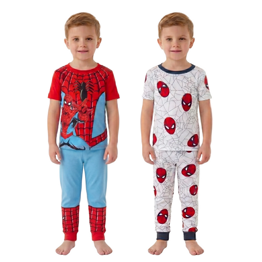 Marvel Spider-Man Boys 4-Piece Cotton Pajama Set, Spidey Graphic Tees and Matching Pants, Snug Fit Sleepwear, Red/Blue/White