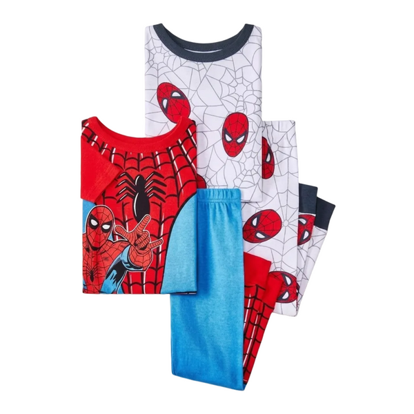 Marvel Spider-Man Boys 4-Piece Cotton Pajama Set, Spidey Graphic Tees and Matching Pants, Snug Fit Sleepwear, 