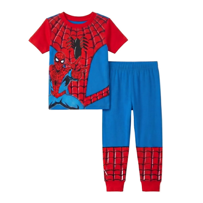 Marvel Spider-Man Boys 4-Piece Cotton Pajama Set, Spidey Graphic Tees and Matching Pants, Snug Fit Sleepwear, Red/Blue/White