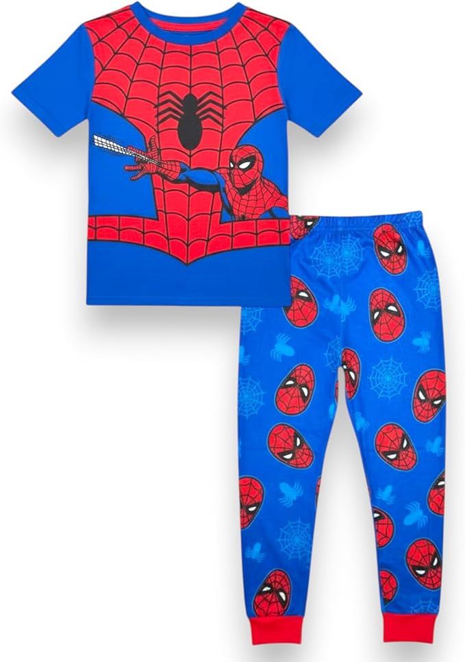 Marvel Spider-Man Boys 2-Piece Pajama Set, Short Sleeve T-Shirt and Pants Sleepwear Pack, Blue and Red