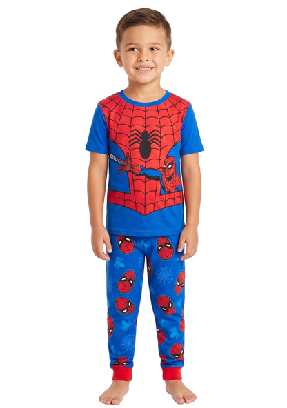 Marvel Spider-Man Boys 2-Piece Pajama Set, Short Sleeve T-Shirt and Pants Sleepwear Pack, Blue and Red