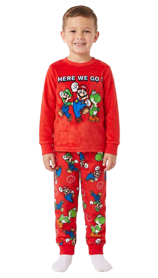 Super Mario Boys 2-Piece Fleece Pajama Set Featuring Mario, Luigi and Yoshi