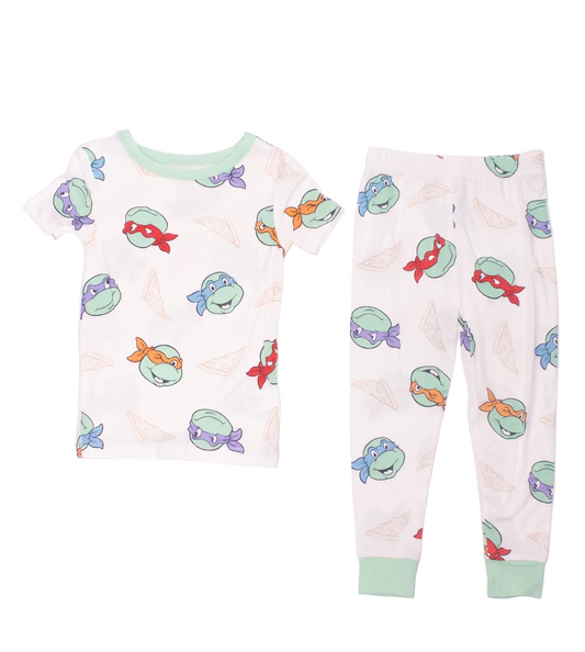 Teenage Mutant Ninja Turtles Boys 2-Piece Cotton Pajama Set, Leonardo Michelangelo Raphael Donatello Pizza Print, White/Green