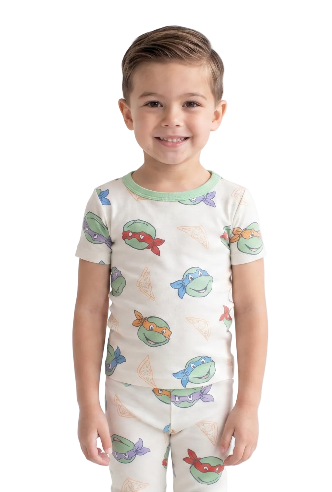 Teenage Mutant Ninja Turtles Boys 2-Piece Cotton Pajama Set, Leonardo Michelangelo Raphael Donatello Pizza Print, White/Green